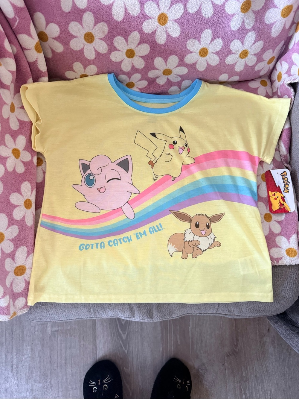 Pokemon Yellow Tee with Rainbow Stripes Featuring Pikachu, Jigglypuff & Eevee